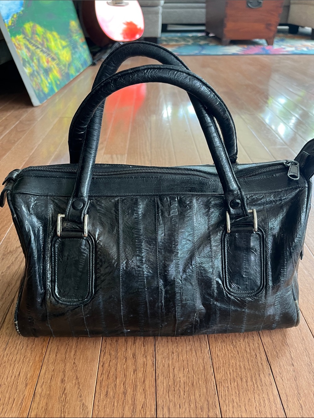 Classic vintage Genuine EEL Skin Black Leather Satchel Bag